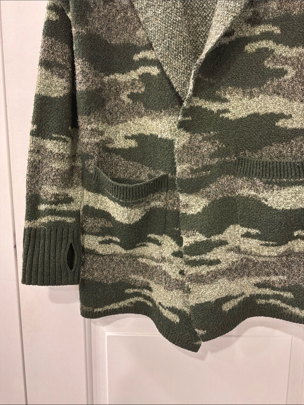 Style & Co. Shawl Collar Olive Green Camo Marled Knit Cardigan